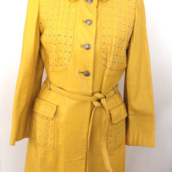 1960s vintage  manteau cuir jaune clouté yellow leather studded  jacket coat - Picture 3 of 16